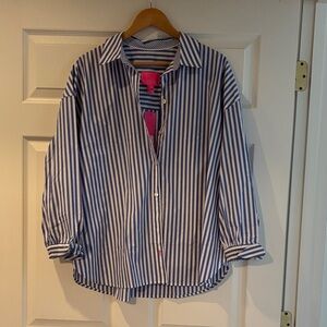 Blue and White Striped loose fitting blouse with bows on cuffs